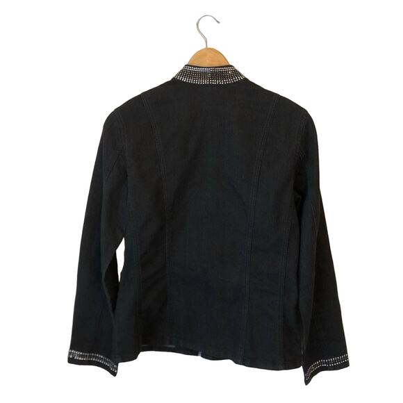 Chico’s Studded Denim Jacket Women’s Size Medium Black Stretch Zip Up Old Money - Picture 12 of 12